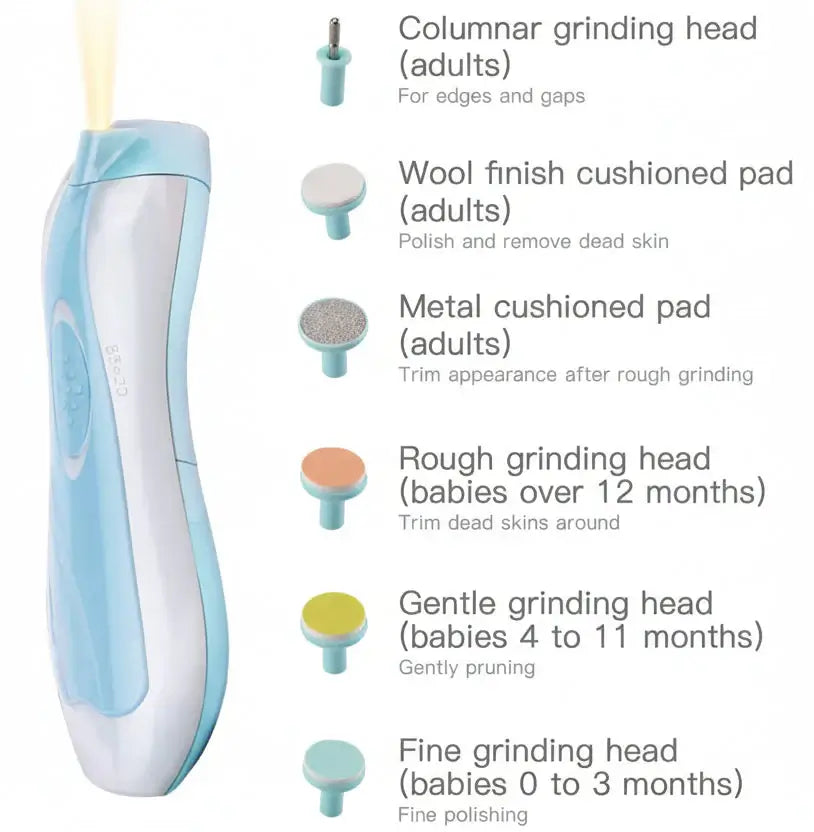 Electric trimmer with interchangeable heads for different age groups and purposes on a white background.