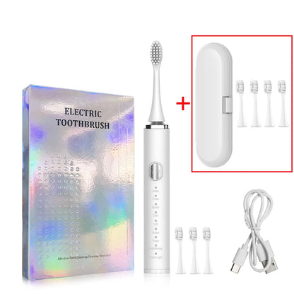 Electric toothbrush set with packaging, brush head, and charging cable on a white background