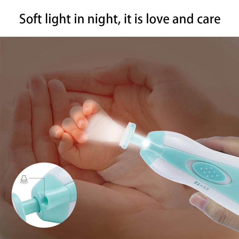 Baby nail trimmer electric safe shown with soft light feature, designed for gentle and safe nail care for infants.