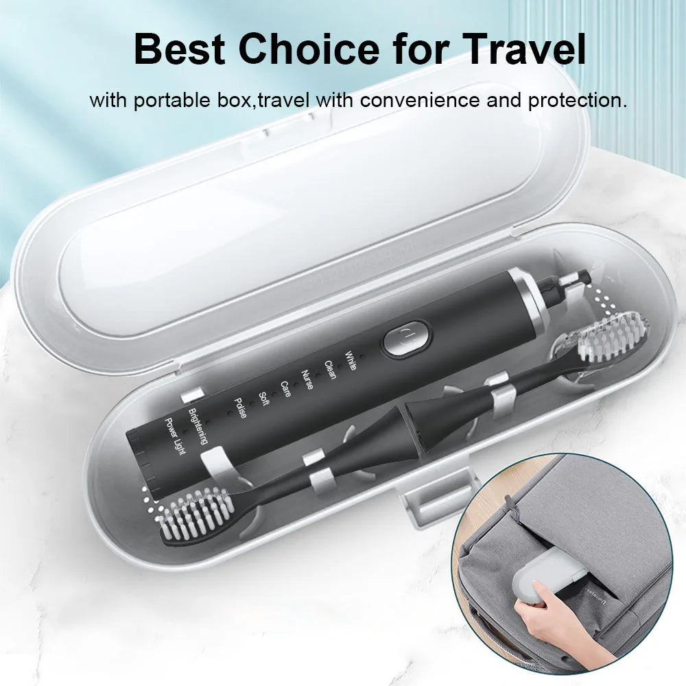 Travel toothbrush set with portable case on a light blue background