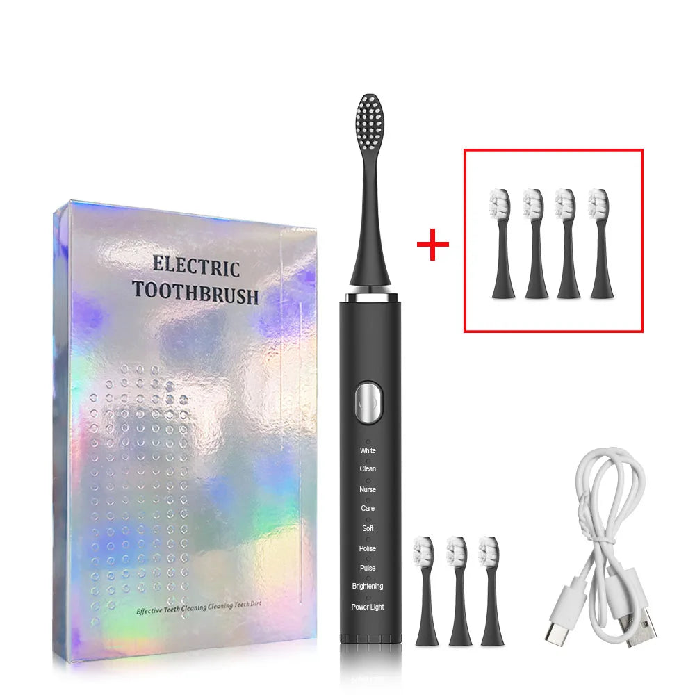 Black electric toothbrush with packaging, additional heads, and charging cable on a white background