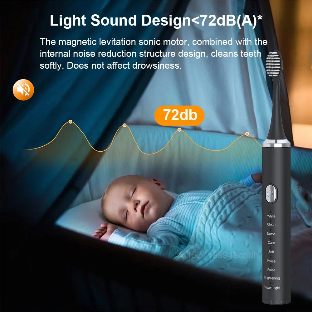 Baby sleeping with a sonic toothbrush in the foreground, highlighting its quiet operation.
