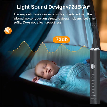 Baby sleeping with a sonic toothbrush in the foreground, highlighting its quiet operation.