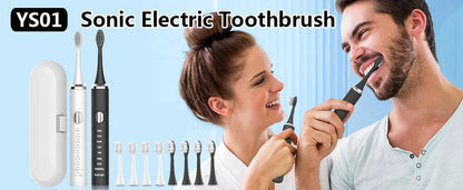 Sonic electric toothbrush with a couple using it against a light blue background