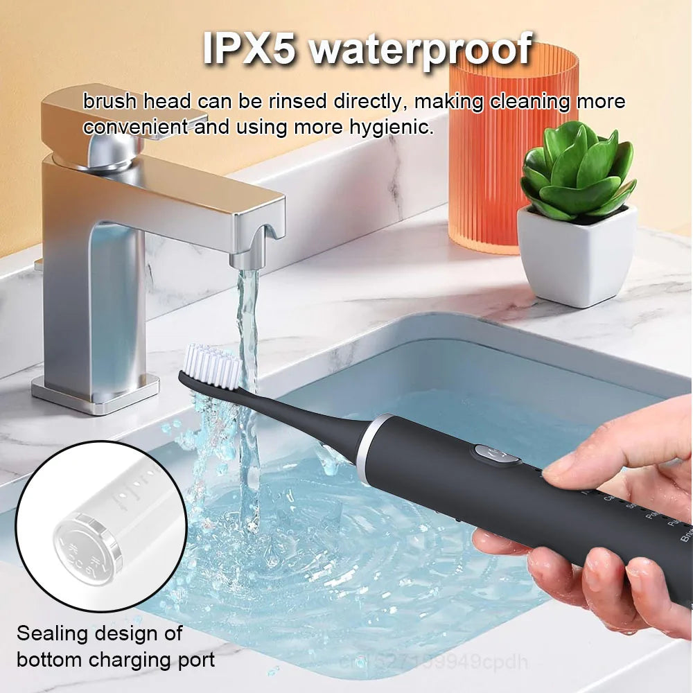 Electric toothbrush being rinsed under running water with text highlighting IPX5 waterproof feature.