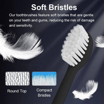 Black toothbrush with soft bristles on a dark background, featuring text about brush features.