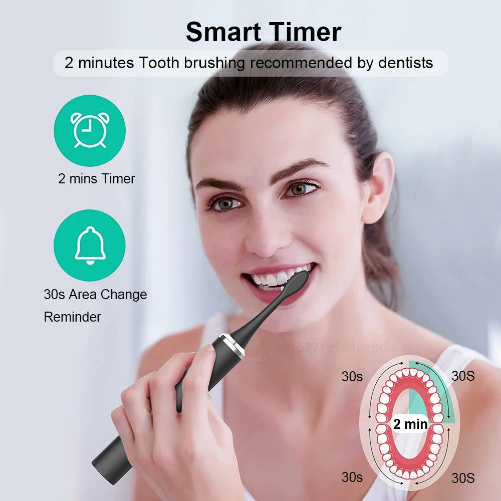Woman brushing her teeth with a smart timer device, featuring text about dental recommendations and timer functions.