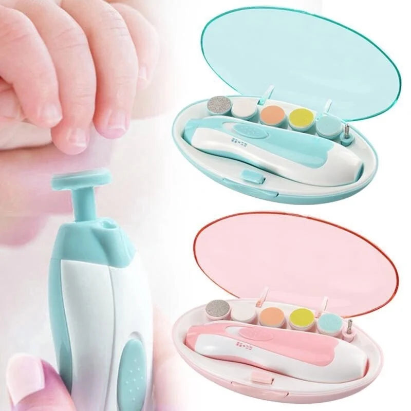 Baby Electric Nail Trimmer electric safe with accessories in blue and pink case for infant nail care.
