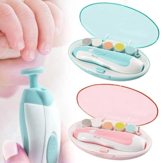 Baby Electric Nail Trimmer electric safe with accessories in blue and pink case for infant nail care.