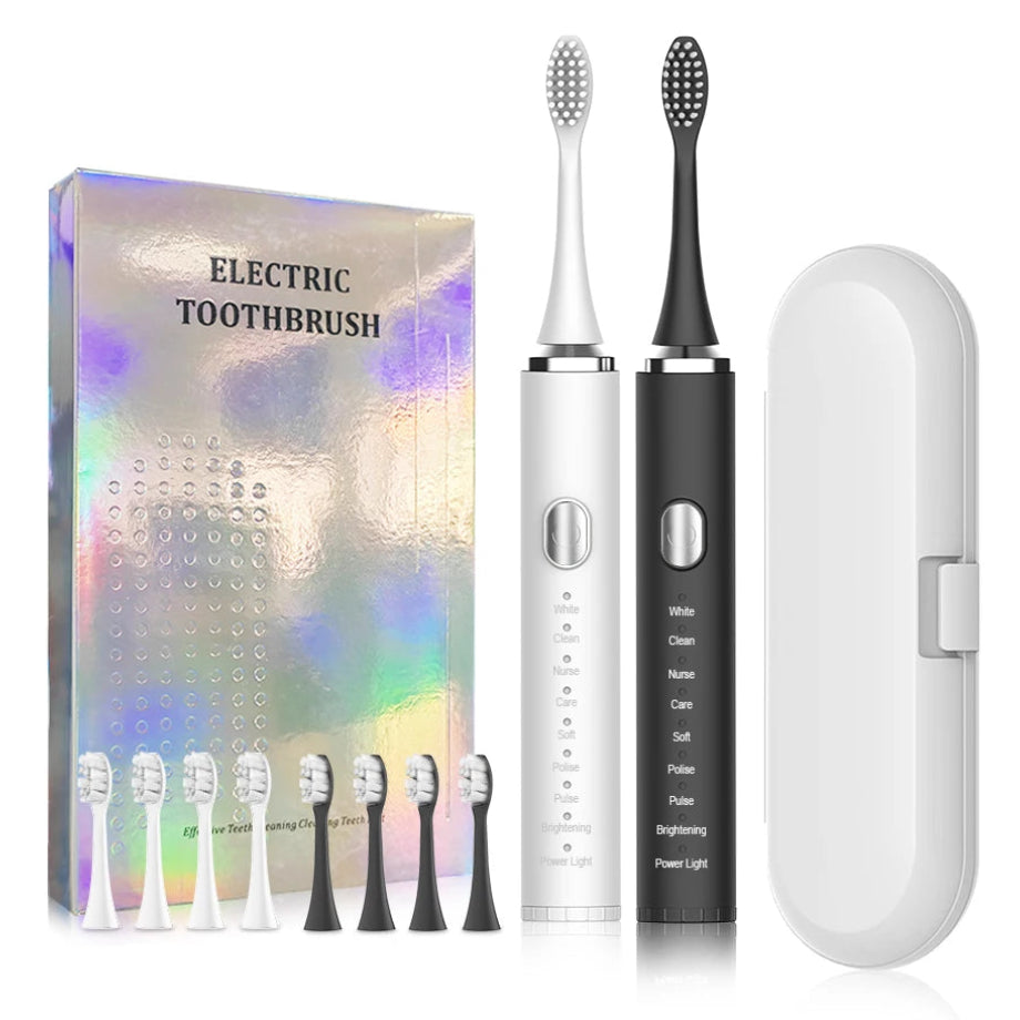 Electric toothbrush set with packaging, brush heads, and travel case on a white background