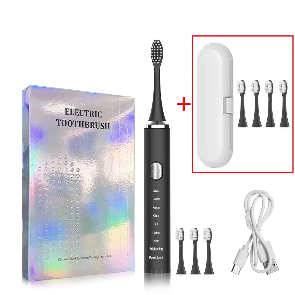 Electric toothbrush set with packaging, brush head, and charging cable on a white background