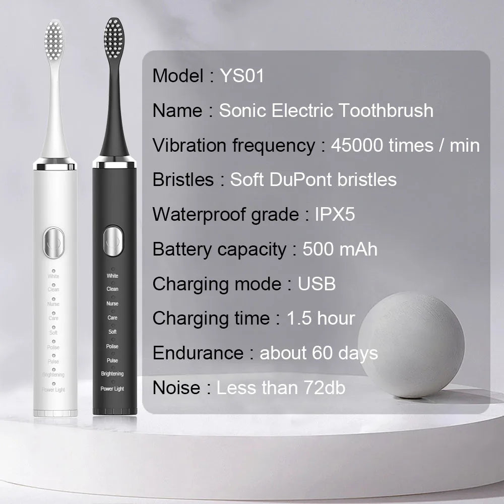 Sonic electric toothbrush with specifications on a gray background