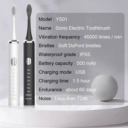 Sonic electric toothbrush with specifications on a gray background