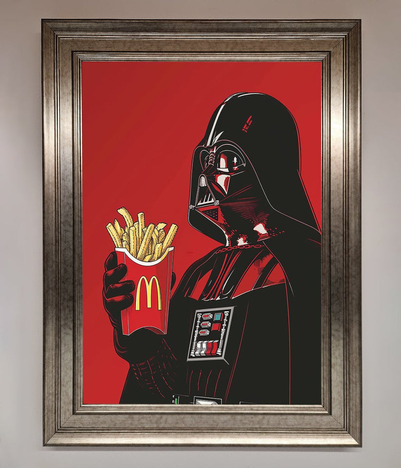 Framed artwork of Darth Vader holding a McDonald's fries container on a red background