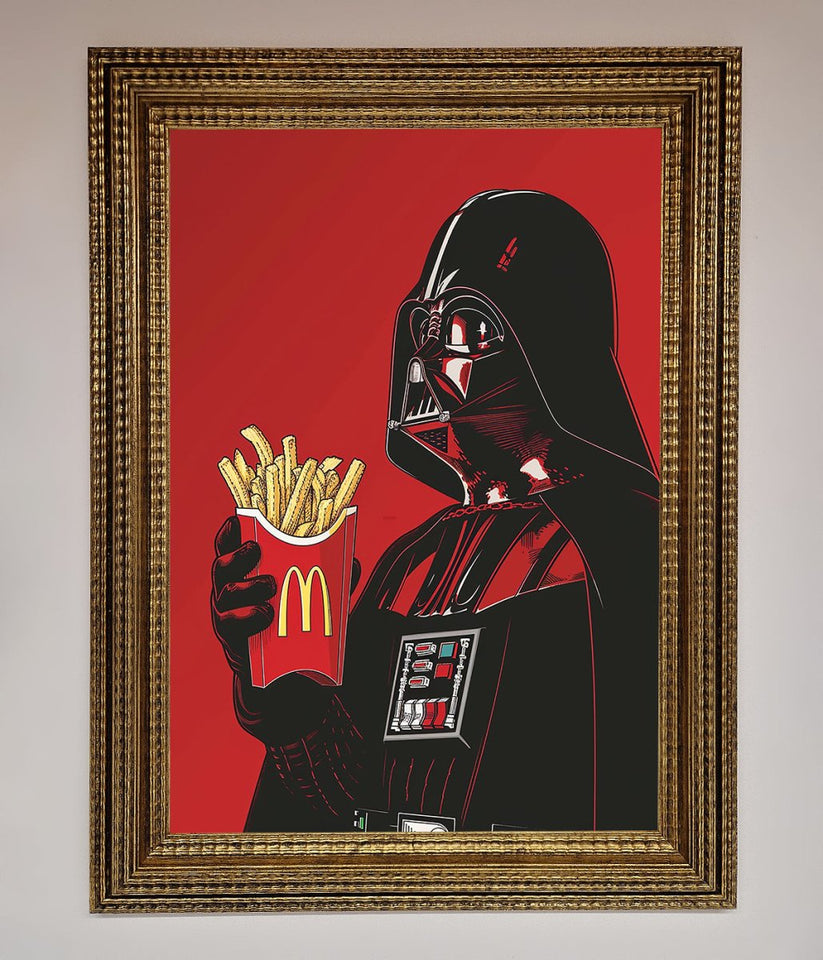 Framed artwork of Darth Vader holding a McDonald's fries container on a red background