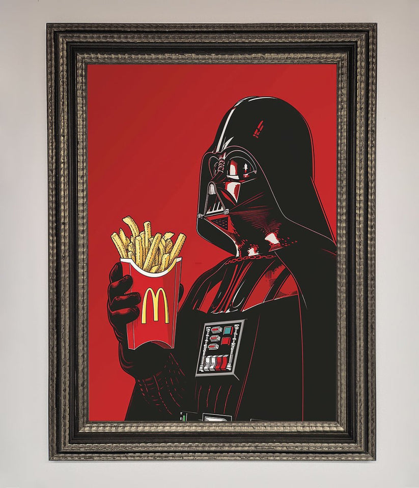 Framed artwork of Darth Vader holding a McDonald's fries container on a red background