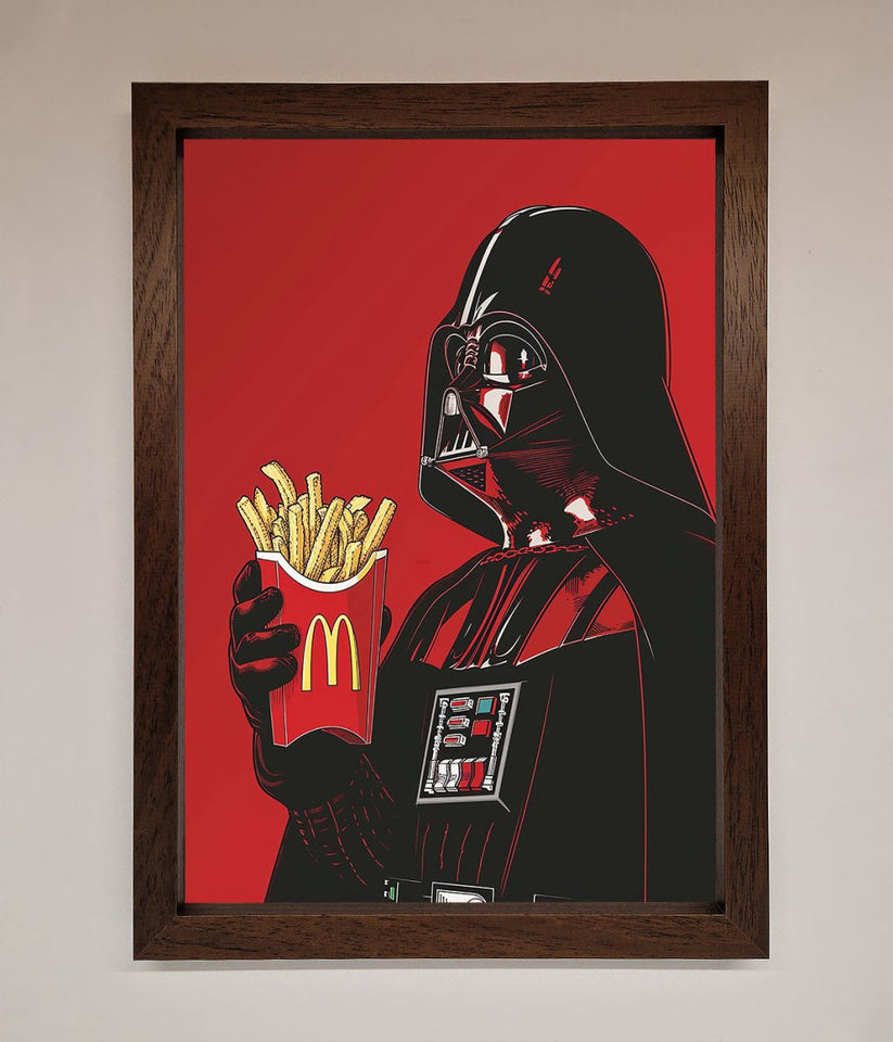 Framed artwork of Darth Vader holding a McDonald's fries container on a red background