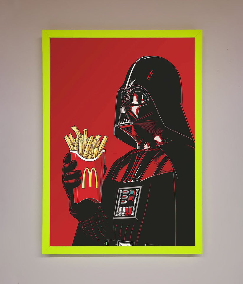 Framed artwork of Darth Vader holding a McDonald's fries container on a red background.