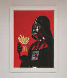 Framed artwork of Darth Vader holding a McDonald's meal on a red background