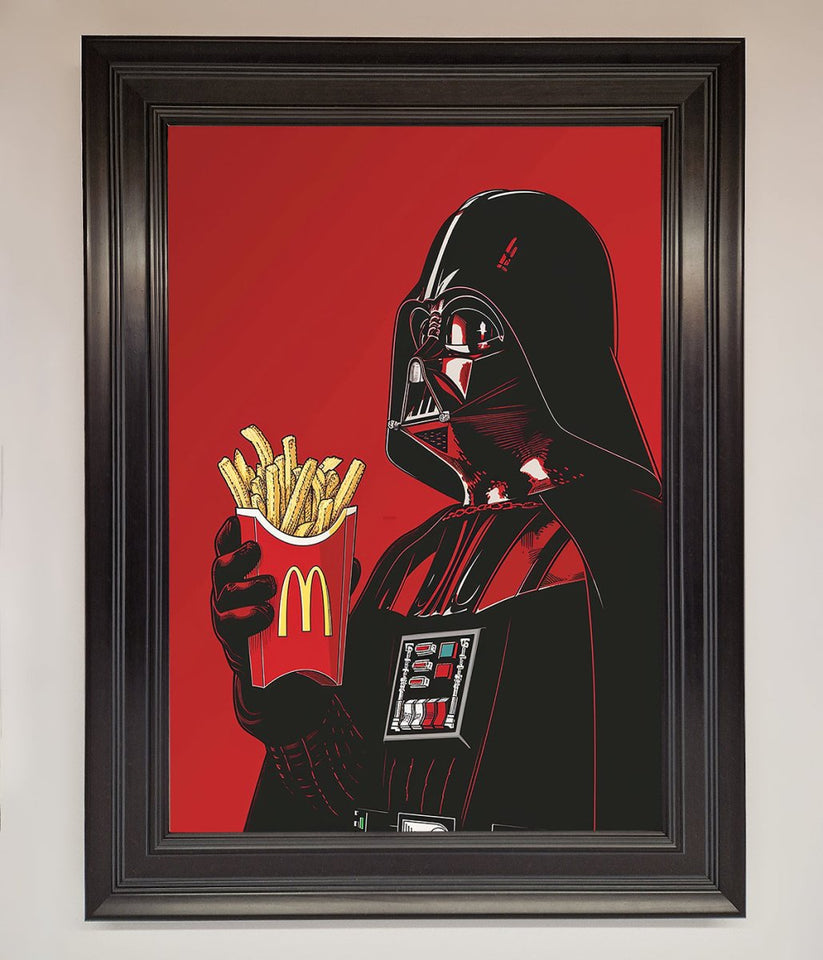 Framed artwork of Darth Vader holding a McDonald's meal on a red background