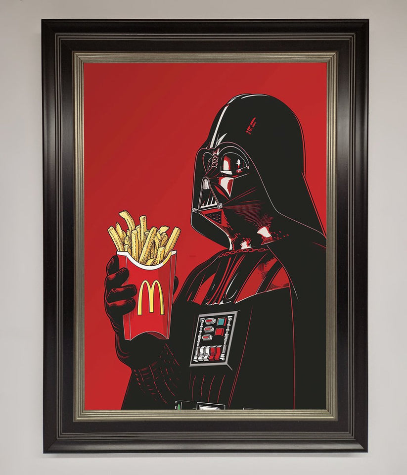 Framed artwork of Darth Vader holding a McDonald's meal on a red background
