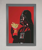 Framed artwork of Darth Vader holding a McDonald's fries container on a red background
