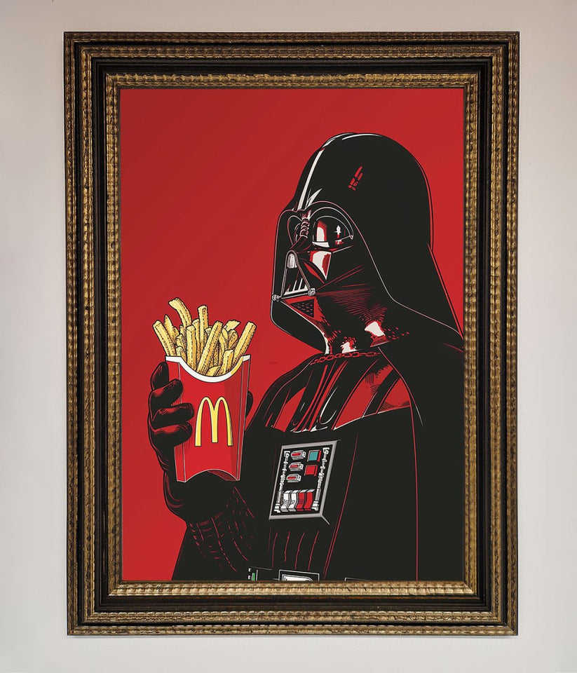 Framed artwork of Darth Vader holding a McDonald's fries container on a red background