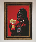 Framed artwork of Darth Vader holding a McDonald's fries container on a red background