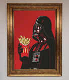 Framed artwork of Darth Vader holding a McDonald's meal on a red background