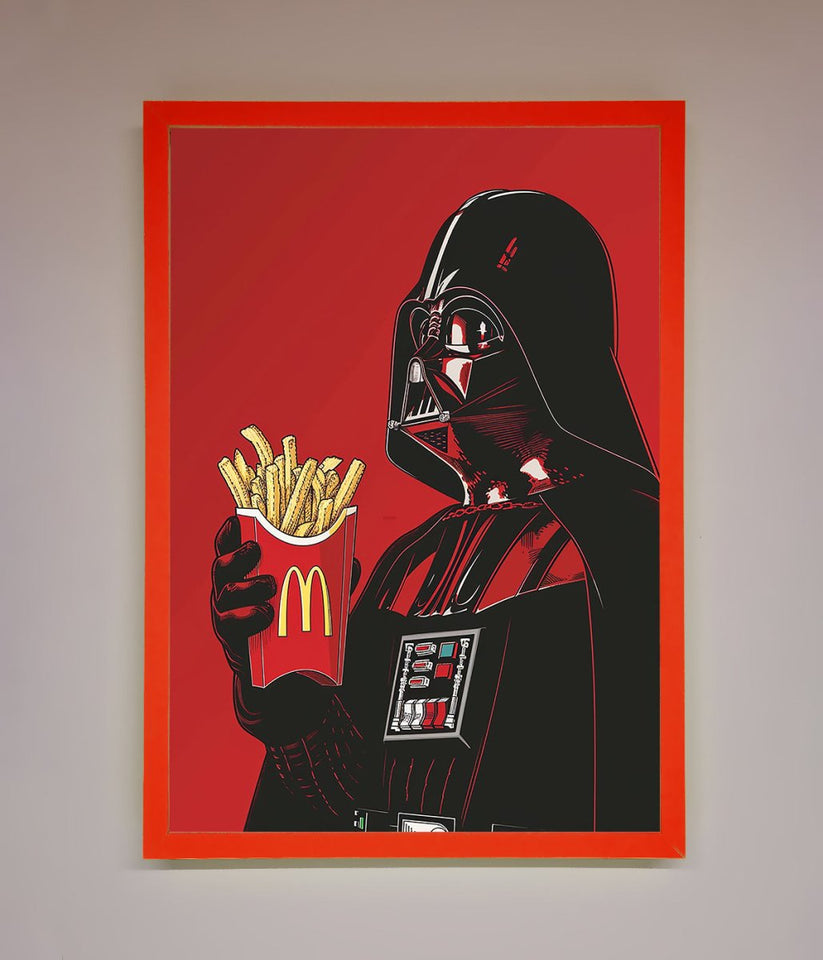 Framed artwork of Darth Vader holding a McDonald's meal on a red background