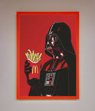 Framed artwork of Darth Vader holding a McDonald's meal on a red background